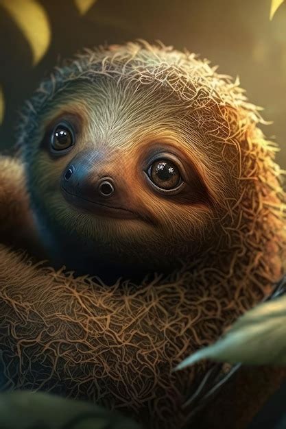 Premium AI Image | Perplexed Baby Sloth Hanging from Tree Branch