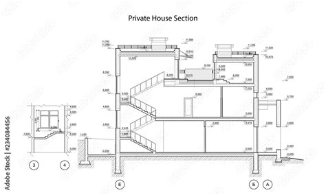 Private house section, detailed architectural technical drawing, vector blueprint Stock Vector ...