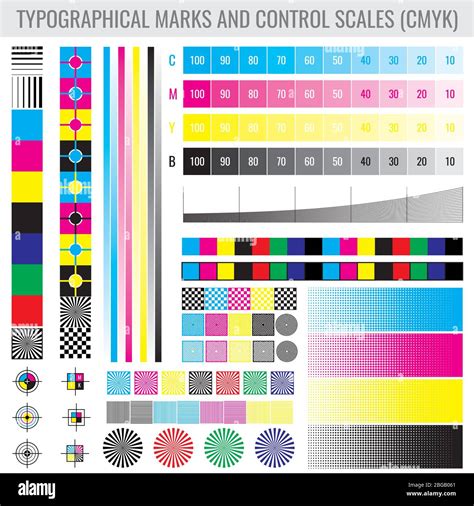 CMYK press print marks and colour tone gradient bars for printer test vector set. Mode of ...