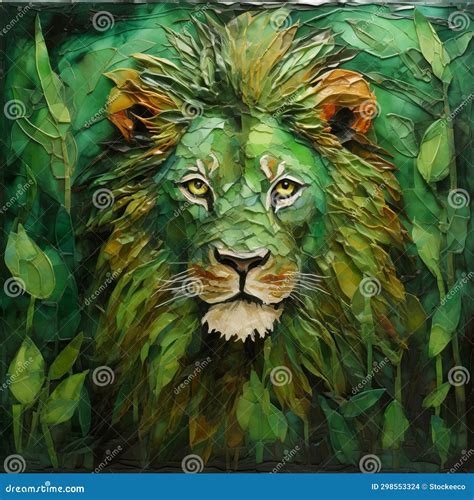 Lion Painting on Green Leaves: Contemporary Glass Fragments Art Stock ...