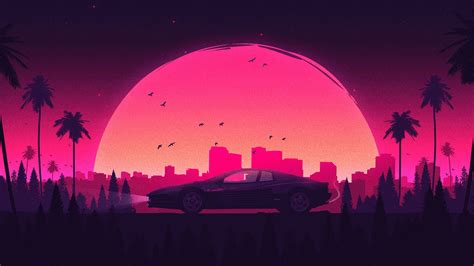 Wallpaper : Retrowave, old car, sunset, palm trees, cityscape, pink, shadow, dark background ...