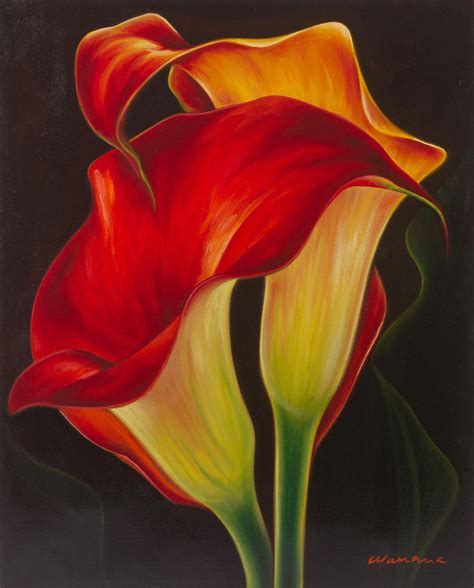 Signed Oil Painting of Red Calla Lilies in the Darkness - Two Calla Lilies | NOVICA