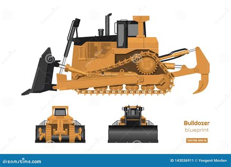 Bulldozer in Realistic Style. Front, Side and Back View of Digger. Industrial Isolated Drawing ...