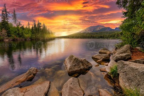 Awesome nature landscape. Beautiful scene with high Tatra mountain peaks, stones in mountain ...