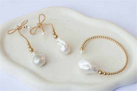 Gold Bow Pearl Earrings Baroque Pearl Earringsdrop Earrings - Etsy