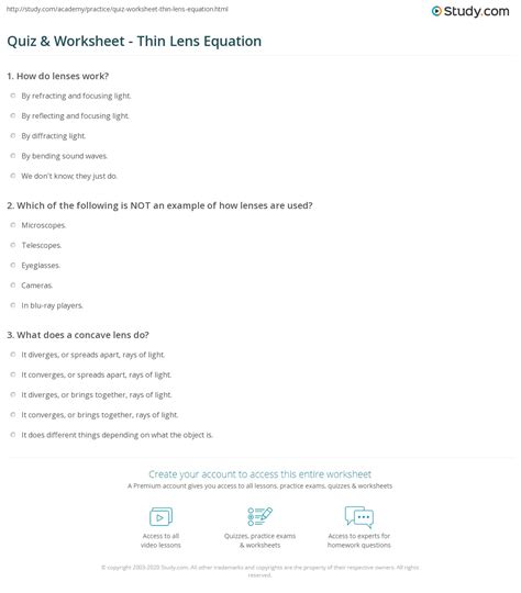 Quiz & Worksheet - Thin Lens Equation | Study.com