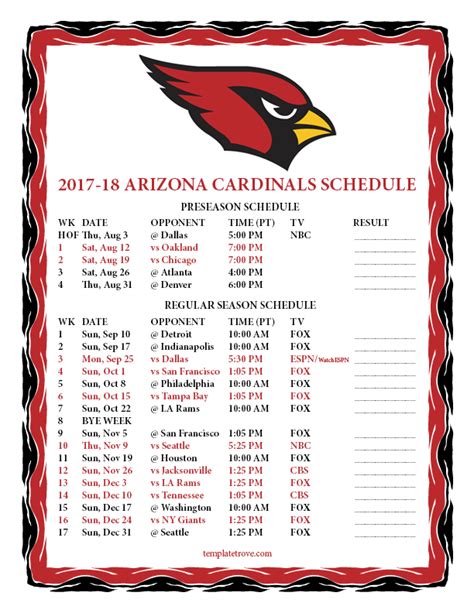 Printable 2017-2018 Arizona Cardinals Schedule