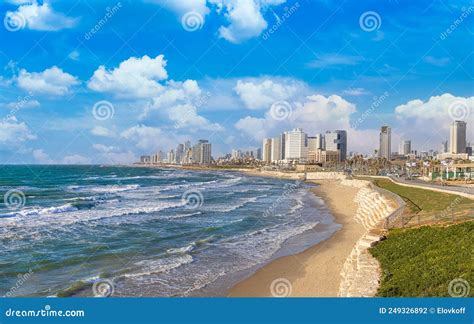 Scenic Israel Tel Aviv Coastline Seashore Promenade with Hotels and Beaches Near Old Jaffa Port ...