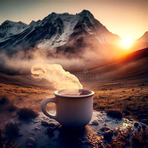 Morning Cup of Coffee with Smoke with Mountain Background at Sunrise, Generative AI Stock Photo ...