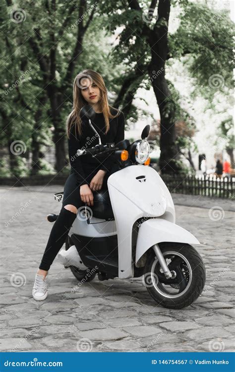 Young Cheerful Girl with Scooter in European City Stock Image - Image ...