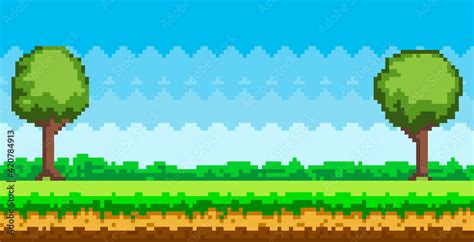 Pixel-game background. Pixel art game scene with green grass and tall ...