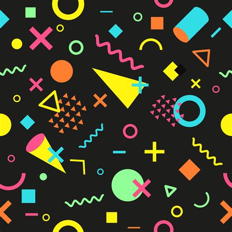 Vector seamless pattern with multicolor geometric shapes on dark background. Retro vintage ...