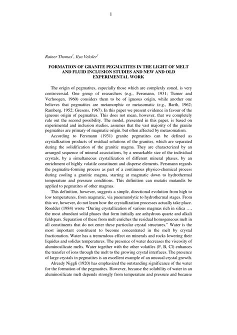 (PDF) FORMATION OF GRANITE PEGMATITES IN THE LIGHT OF MELT AND FLUID INCLUSION STUDIES AND NEW ...