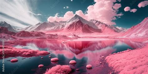 Abstract, beautiful pink landscape. Pink mountains and forests above the water, lake and under ...