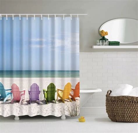 Beach Shower Curtains Polyester Bathroom With 12 Hooks Waterproof For Decor Landscape Bath Chair ...