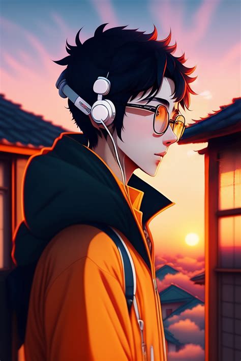 Lexica - Skinny Anime boy, glasses, listening to music with headphone in roof of house in rural ...