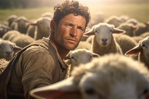 Premium AI Image | male farmer on sheep farm in the daytime with Generative AI