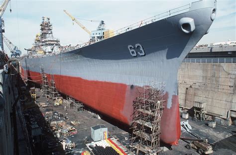 USS Missouri (BB-63) in dry dock, Long Beach Naval Shipyard, California, 1 February 1985 ...