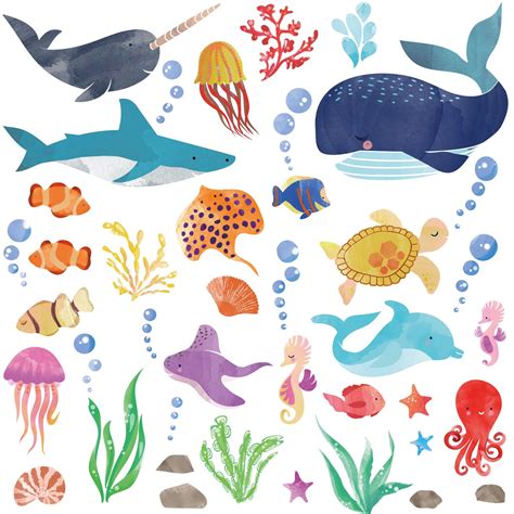 Watercolor Ocean Creatures/Under The Sea Fish Wall Decor/Wall Stickers/Wall Decals for Kids Room ...