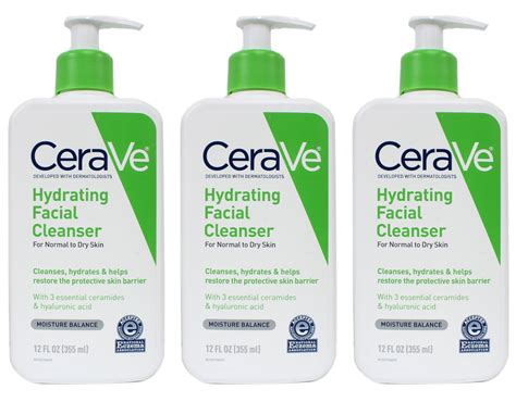 CeraVe Hydrating Facial Cleanser, Cream for Normal to Dry Skin 12 Ounce Each ( Pack of 3 ...