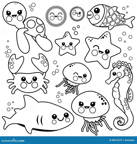 Sea Animals Swimming in the Sea. Vector Black and White Coloring Page. Stock Vector ...