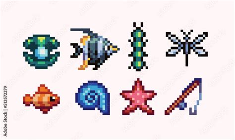 Fishing catch and rod pixel art set. Fish, insects and shellfish collection. 8 bit sprite. Game ...