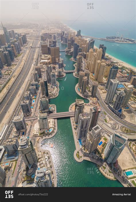 April 7, 2018: Aerial view of Dubai Marina and the cityscape with skyscrapers, UAE. stock photo ...