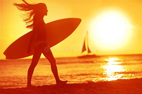 Surfing Surfer Woman Babe Beach Fun At Sunset Stock Image - Image of ...