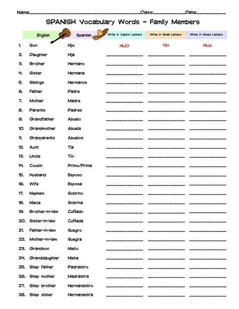 Spanish Family Members Vocabulary Word List Column Worksheet | Made By Teachers