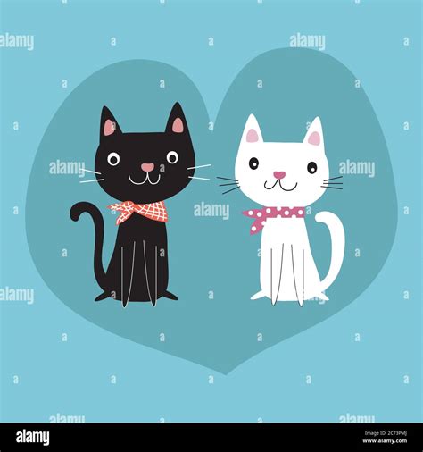 Two cute cartoon black and white cat couple with dotted and checked kerchiev sitting in heart ...