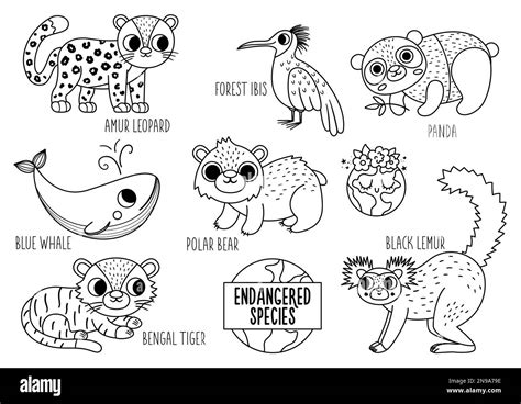 Vector black and white endangered species set. Cute line extinct animals collection. Funny ...