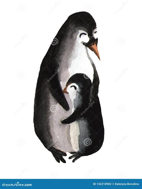 A Cute Penguin Hugs a Penguin Mom. Watercolor Illustration on White Background. Mother`s Day ...