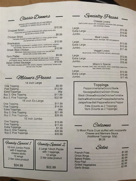 Menu at Milano's Pizza pizzeria, LaGrange