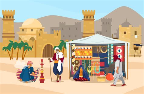 Vector illustration of Middle Eastern scene. Arabian people in marketplace with ancient city at ...