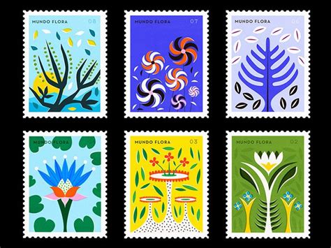 four stamps with different designs on them, each featuring flowers and plants in various colors