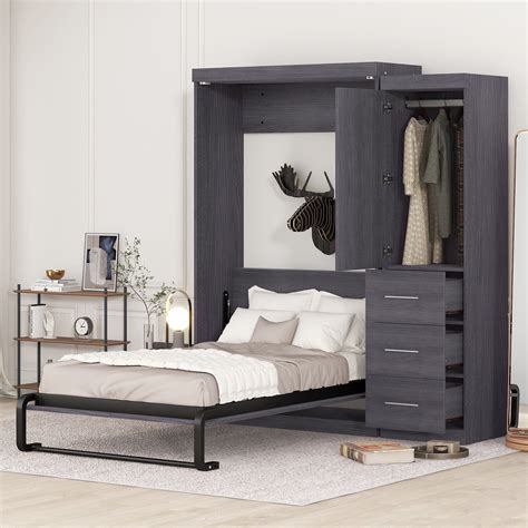 Euroco Wood Twin Size Murphy Bed with Wardrobe and Drawers for Living ...