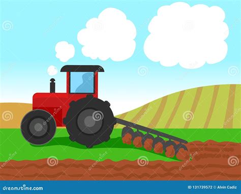 Vector Illustration of Tractor Plowing on Farm Field Stock Vector - Illustration of cartoon ...