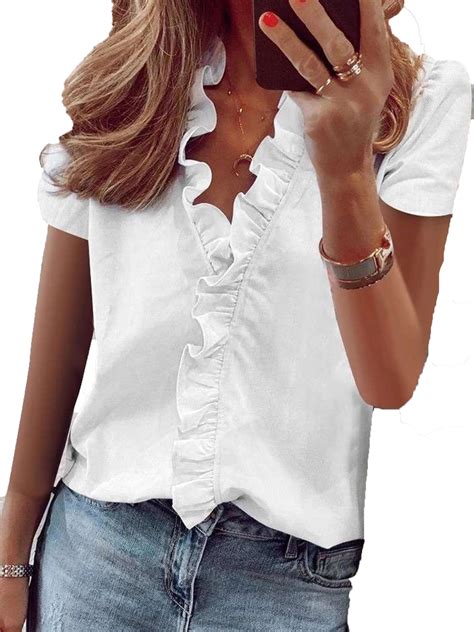 Women Beach V Neck Ruffle Short Sleeve T Shirt Ladies Casual Basic Blouse Shirts Tops Frill ...