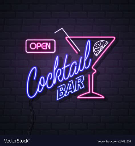 Neon sign cocktail bar on brick wall background Vector Image | Neon ...