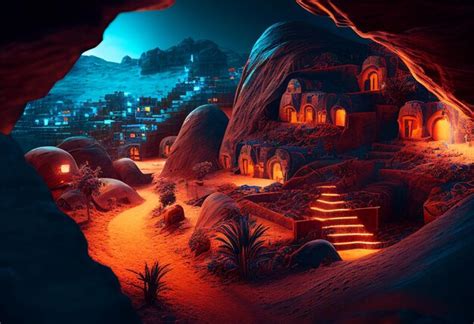 Premium AI Image | A digital painting of a cave with a desert scene.