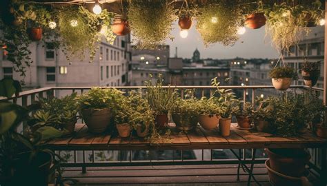 Summer balcony decor potted plants, lanterns, and colorful flowers illuminate generated by AI ...