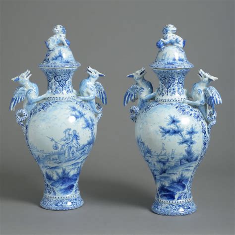 A Large Pair of Blue & White Delft Pottery Vases and Covers | Timothy Langston Fine Art & Antiques