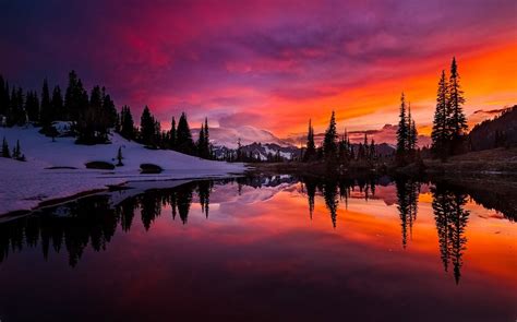 Three beside calm body water across snow covered mountain during golden ...