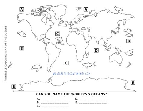 Printable 5 Oceans Coloring Map for Kids | The 7 Continents of the World