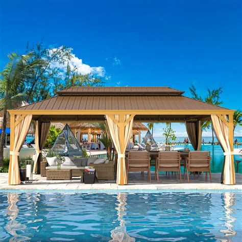 EROMMY 14' X 22' Hardtop Gazebo, Wooden Finish Coated Aluminum Frame G – Erommy