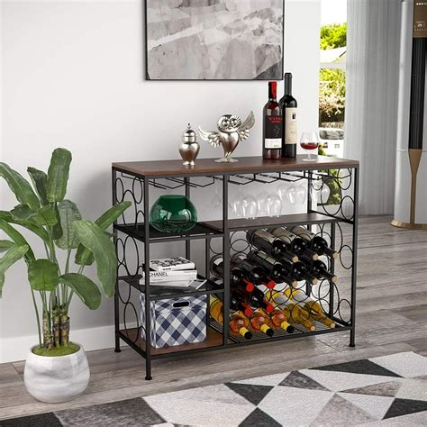 Mecor Industrial Metal Wine Rack Table with Glass Holder and Wine ...