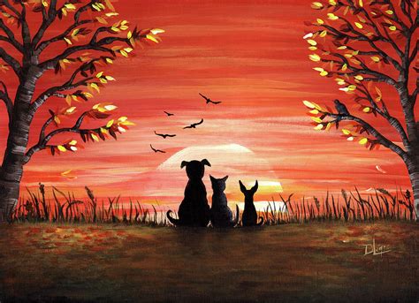 Whimsical Pets Autumn Sunset Painting by Donnaistic - Fine Art America