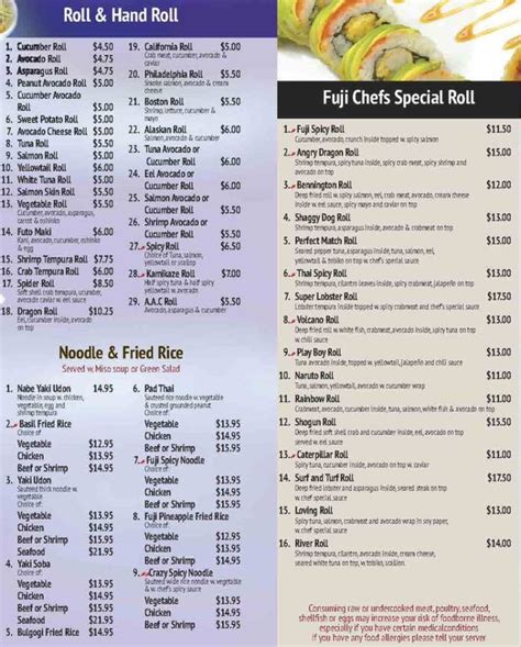 Fuji Hibachi Menu, Bennington, VT