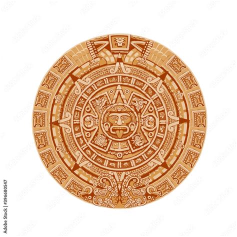 Mayan calendar vector ancient mexican round stone with hieroglyph symbols. Aztec culture ...