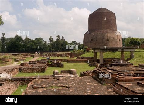 Dhamekh Stupa and Ruins of ancient Sarnath Buddhist stupas monasteries destroyed by Muslim army ...